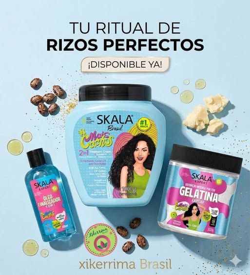 3 productos capilares Mais Cachos Skala gelatina , crema, aceite